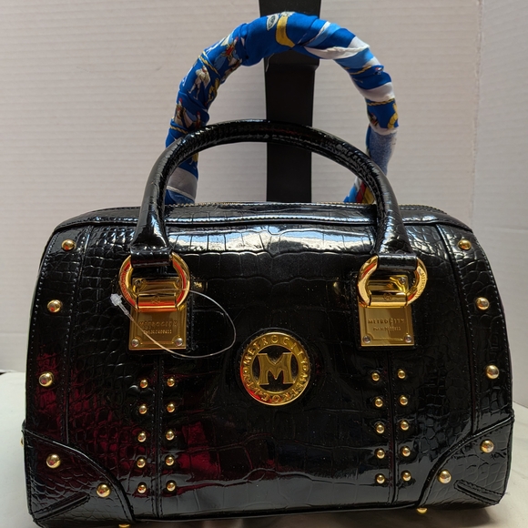 Metrocity Handbags - Metrocity Black Croc-Embossed Satchel with Gold Accents